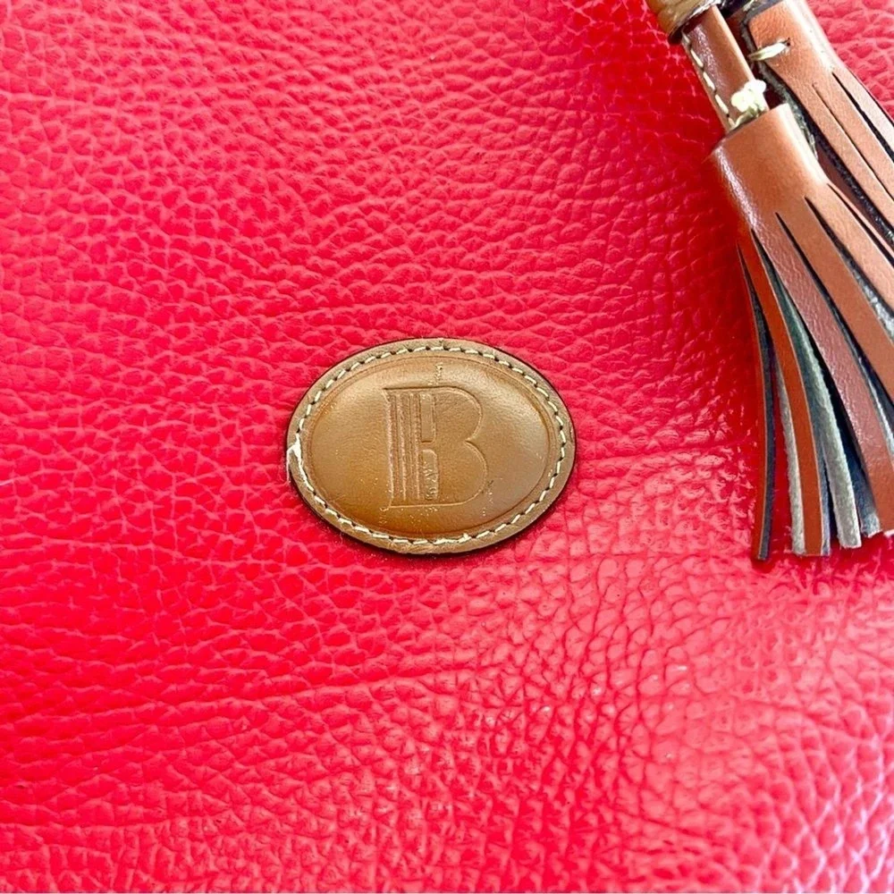Braciano‎ Womens Red Drawstring Bucket Bag Tan Leather Trim Tassel Crossbody